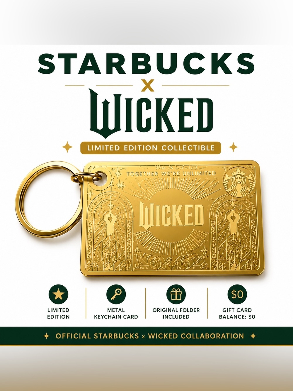 Starbucks x Wicked Limited Edition Metal Keychain Gift Card Set NWT Balance $0